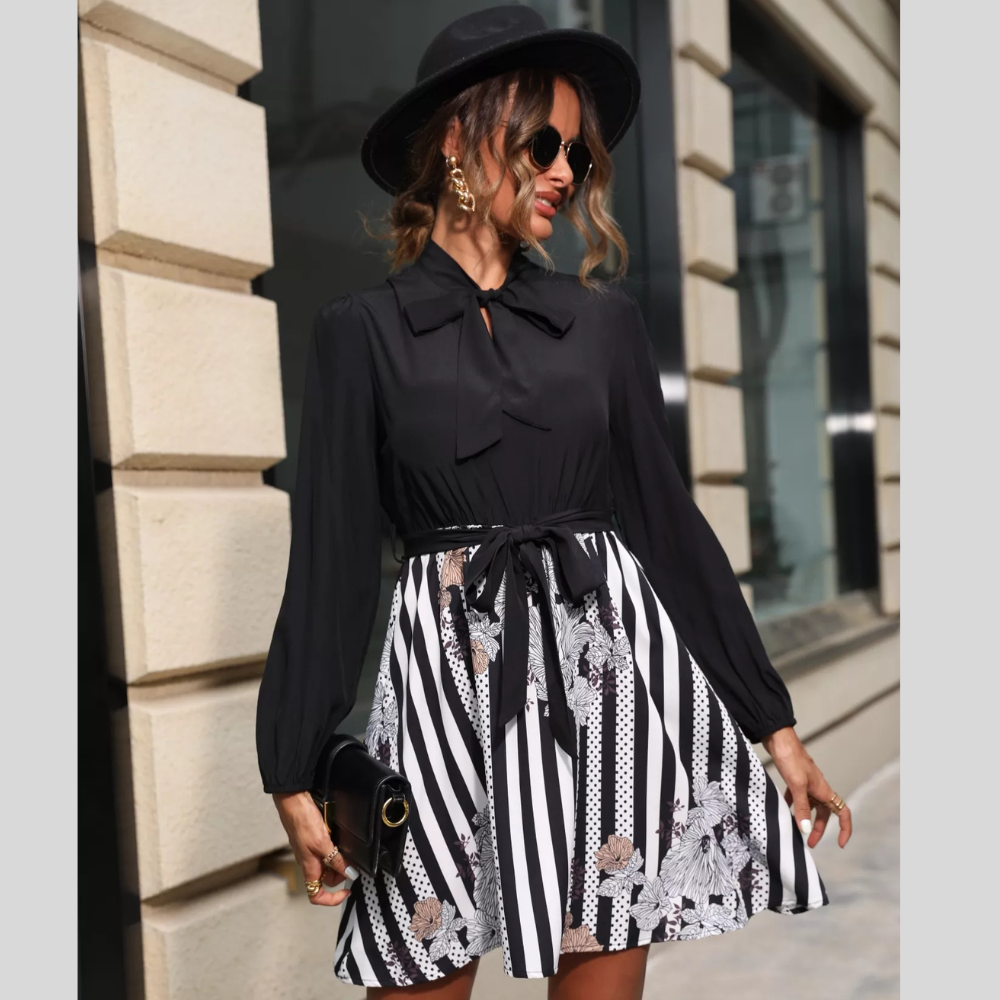 Striped Tie Front Long Sleeve Mini Dress