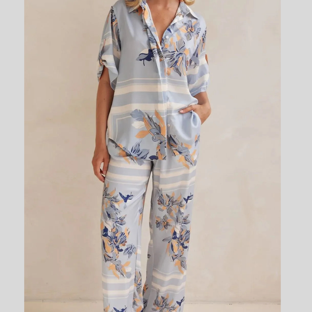 Printed Button Up Shirt and Pants Set