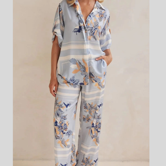 Printed Button Up Shirt and Pants Set