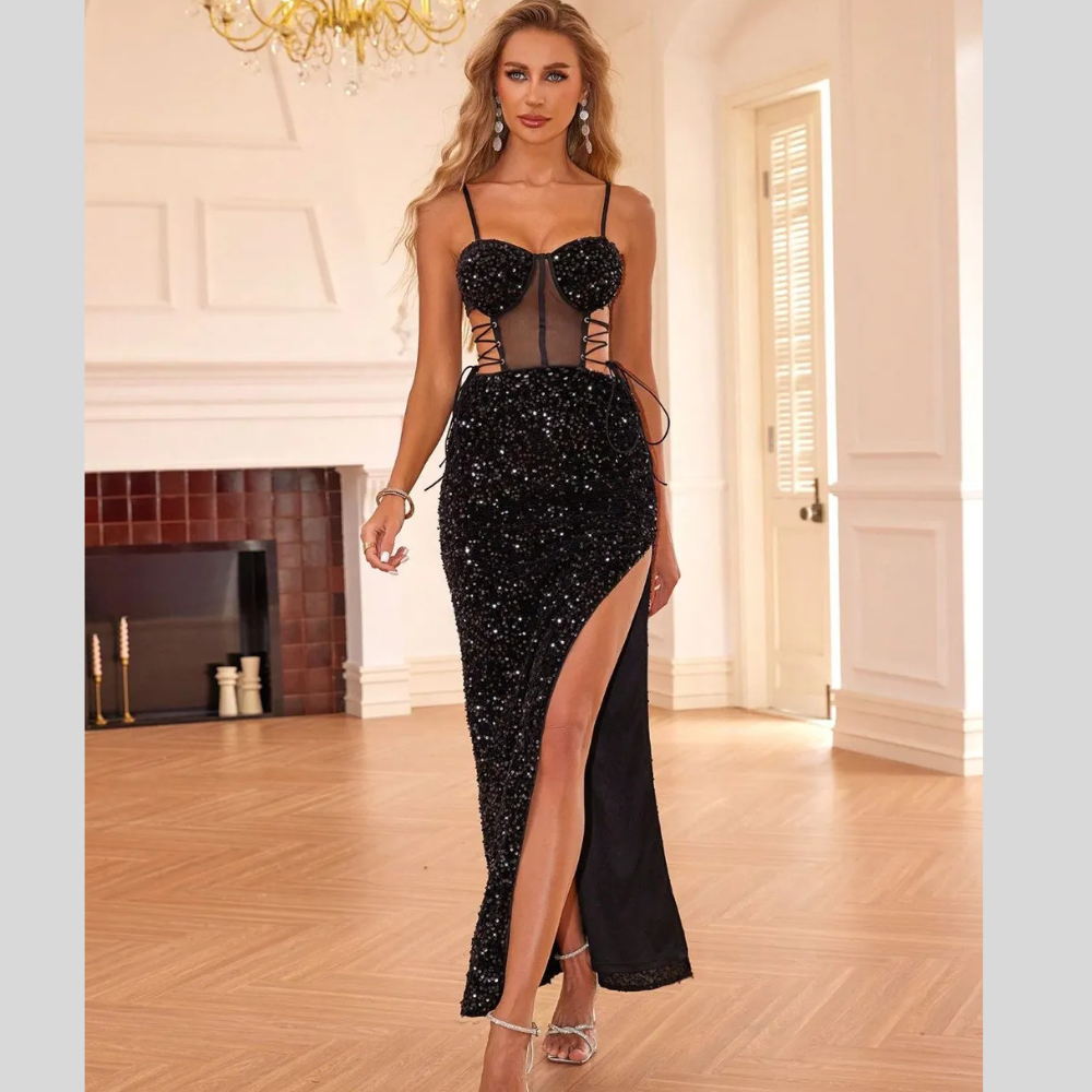 Lace-Up Sequin Slit Sweetheart Neck Maxi Cami Dress
