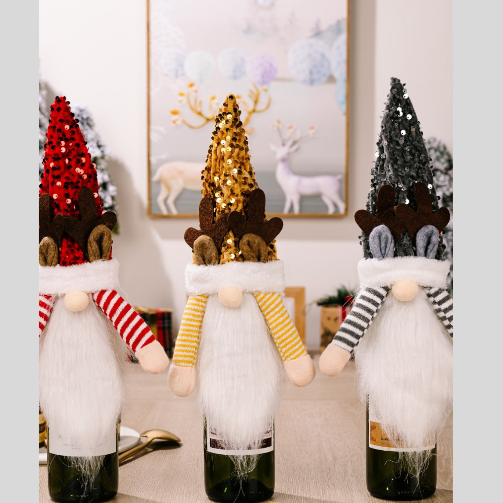 Sequin Pointed Hat Faceless Gnome Wine Bottle Cover