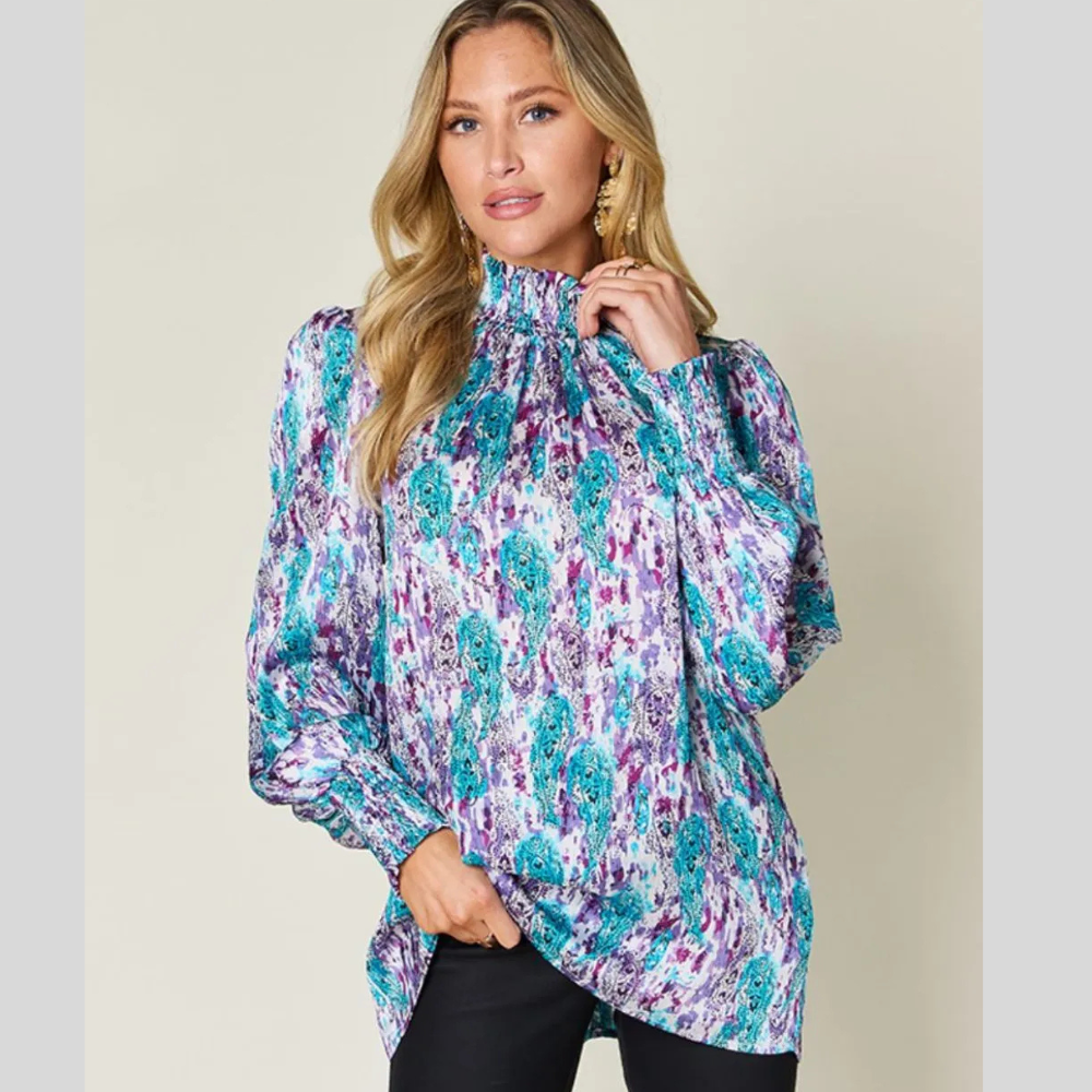 Double Take Full Size Printed Smocked Long Sleeve Blouse
