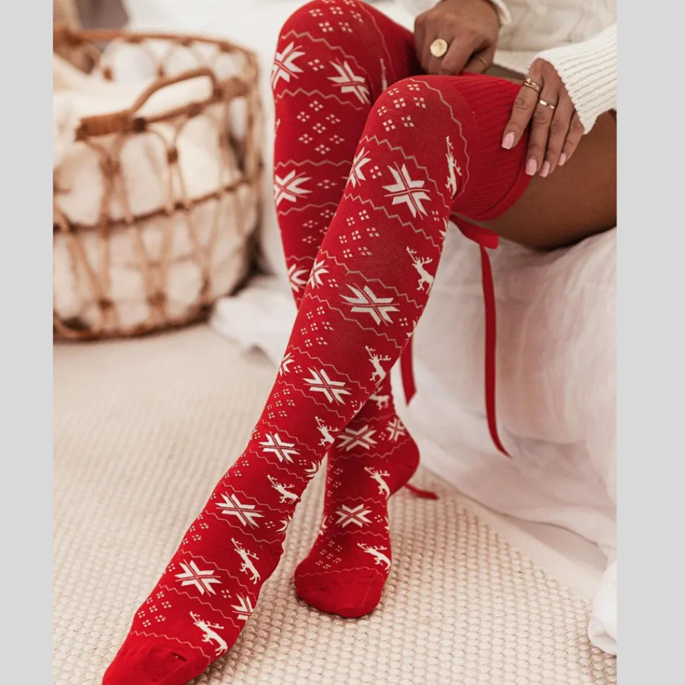 Christmas Element Bowknot Ribbed Trim Over Knee Stockings