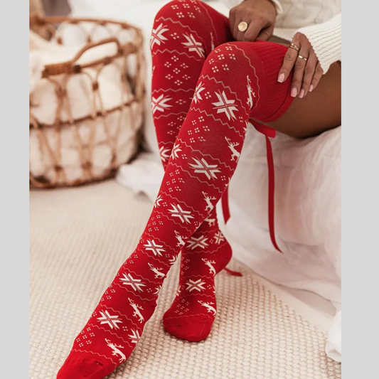 Christmas Element Bowknot Ribbed Trim Over Knee Stockings