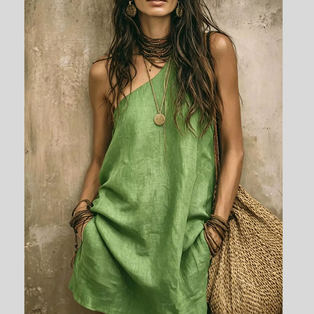 Full Size One Shoulder Linen Mini Dress Plus Size