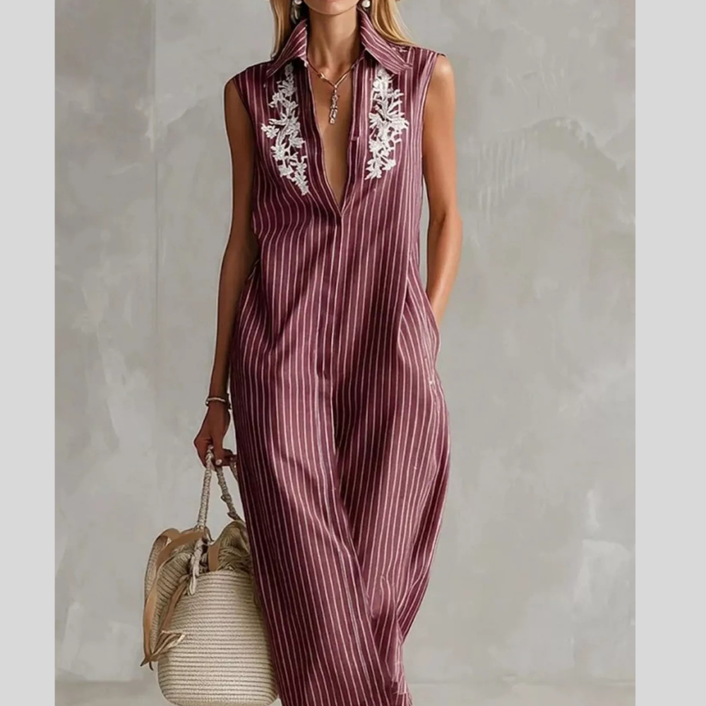 Full Size Striped Sleeveless Collared Neck Shirt Dress Plus Size