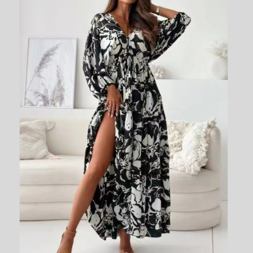 Printed V-Neck Balloon Sleeve Slit Maxi Dress