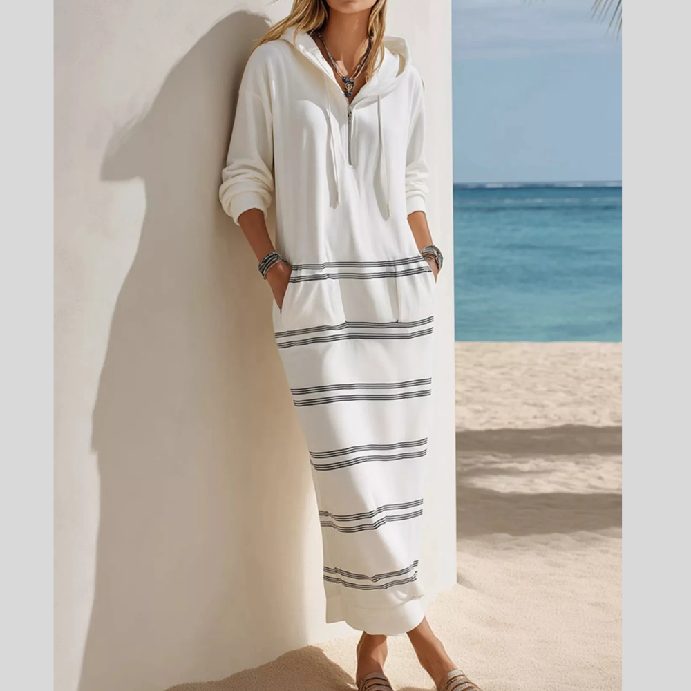 Casual Striped Drawstring Hooded Dress