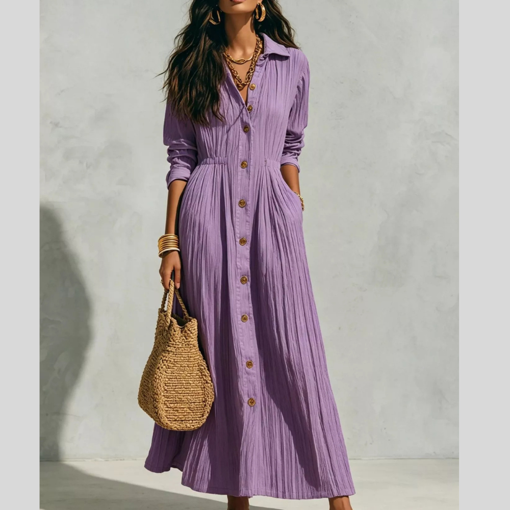 Full Size Textured Button Front Long Sleeve Maxi Dress Plus Size