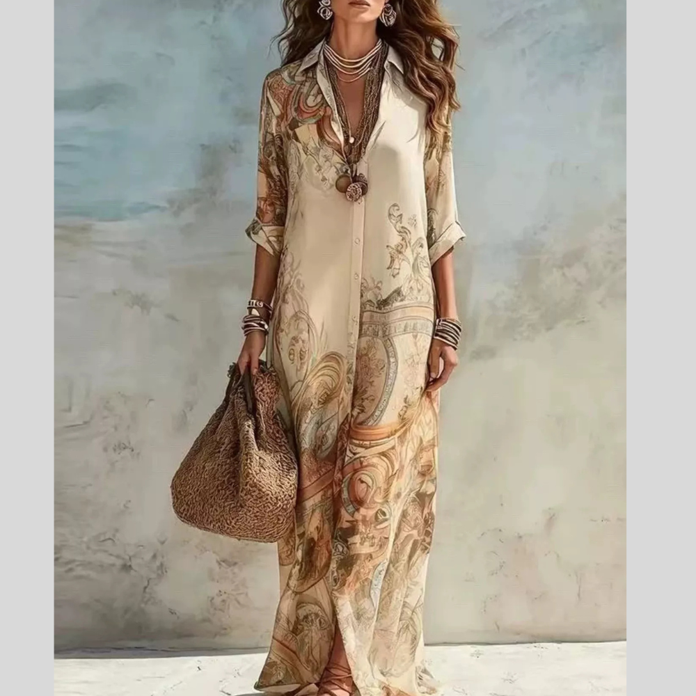 Full Size Printed Button Down Roll-Up Sleeve Shirt Maxi Dress Plus Size