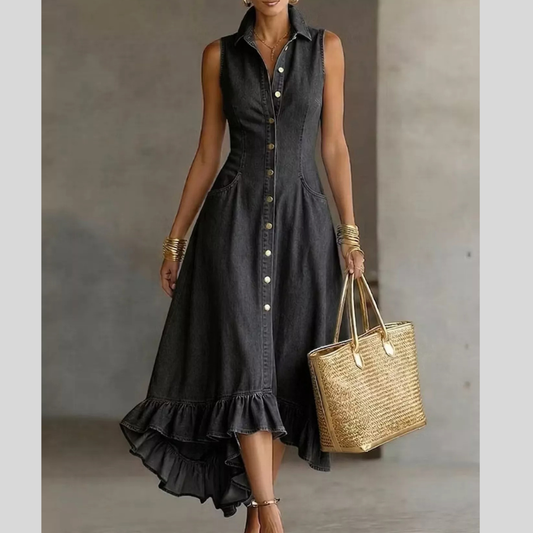 Full Size Sleeveless Ruffled Hem Denim Dress Plus Size
