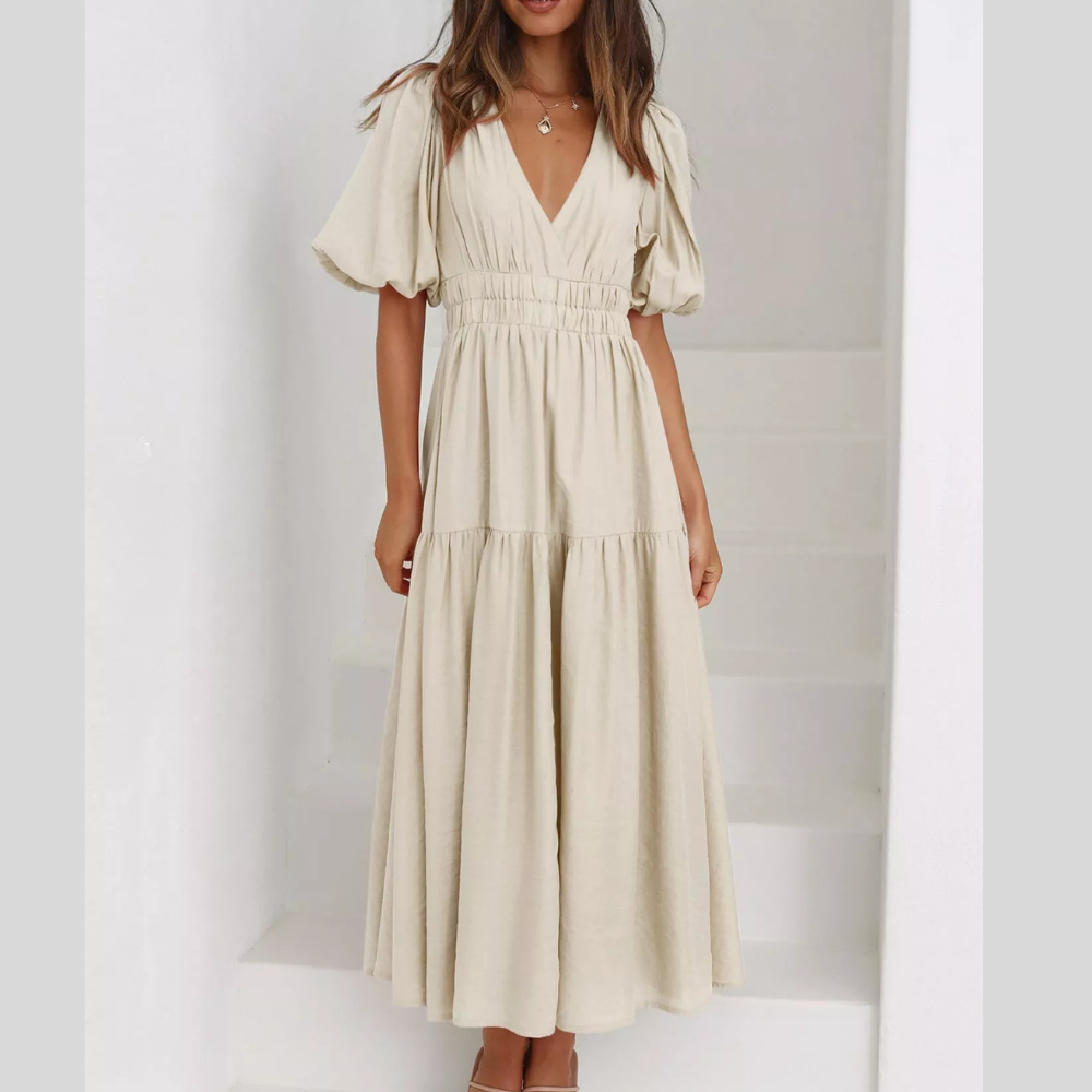 Elegant Puff Sleeve V-Neck Midi Dress