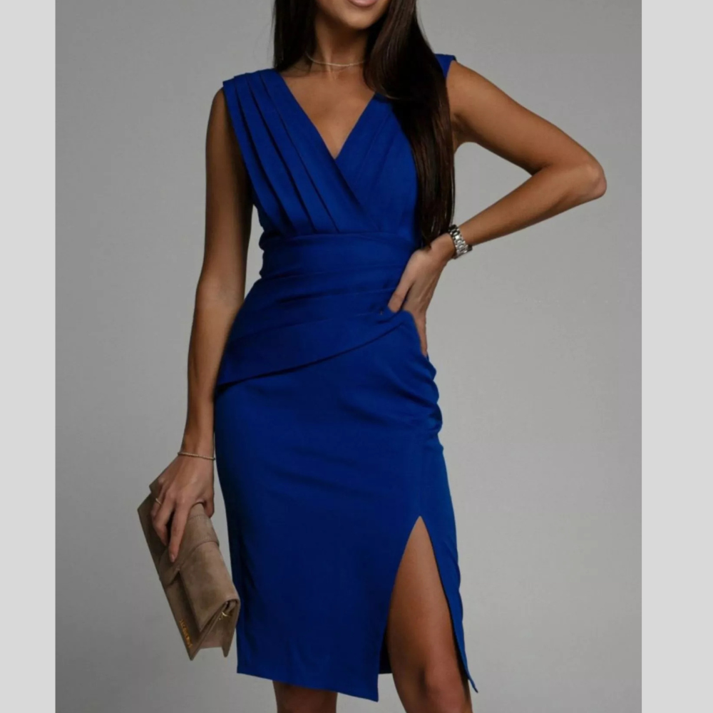 Full Size V-Neck Sleeveless Ruched Midi Dress with Slit Plus Size