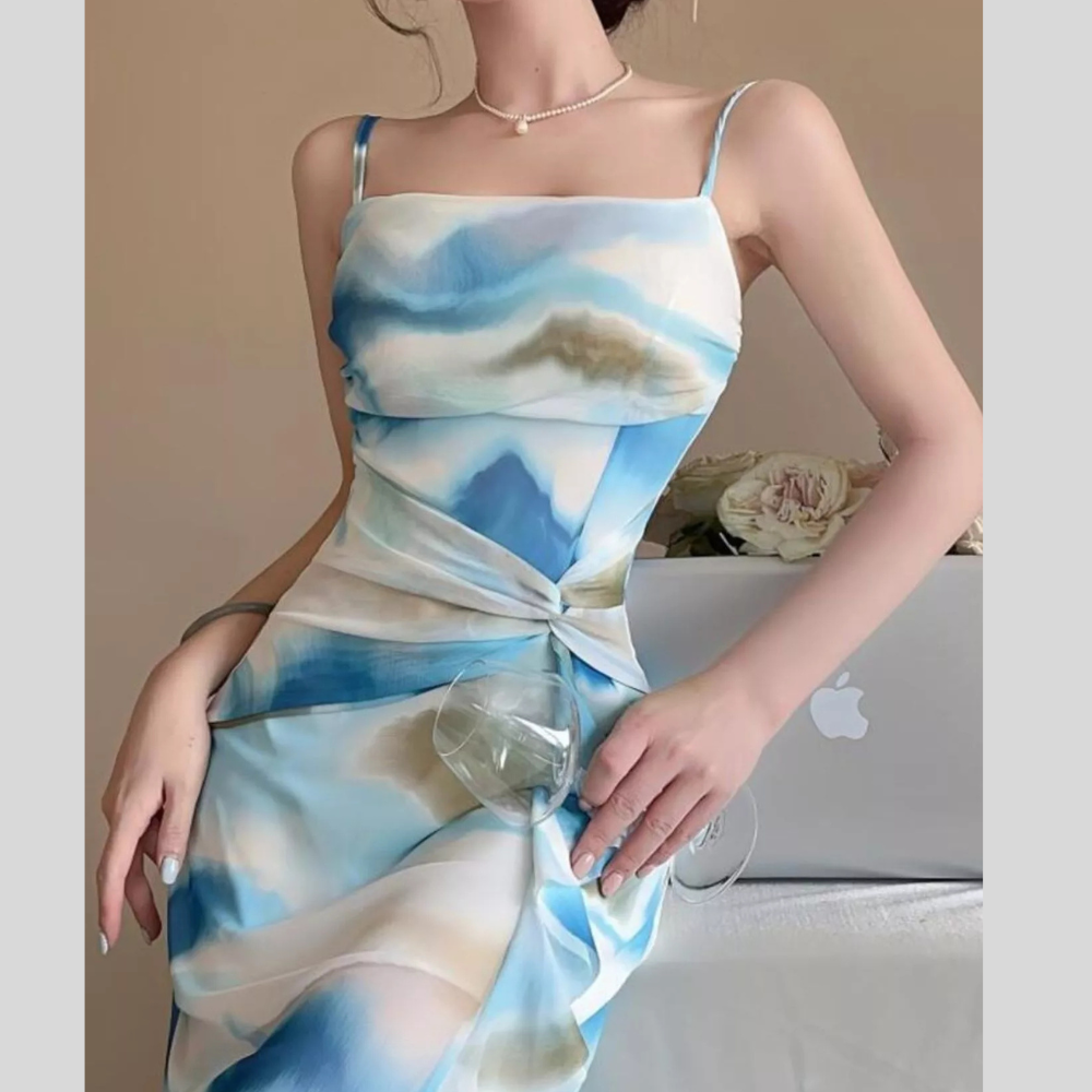 Abstract Watercolor Print Ruched Midi Dress