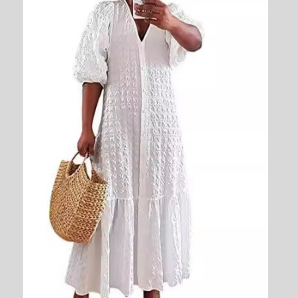 Full Size Elegant Puff Sleeve Textured Maxi Dress Plus Size