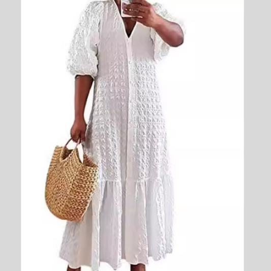 Full Size Elegant Puff Sleeve Textured Maxi Dress Plus Size