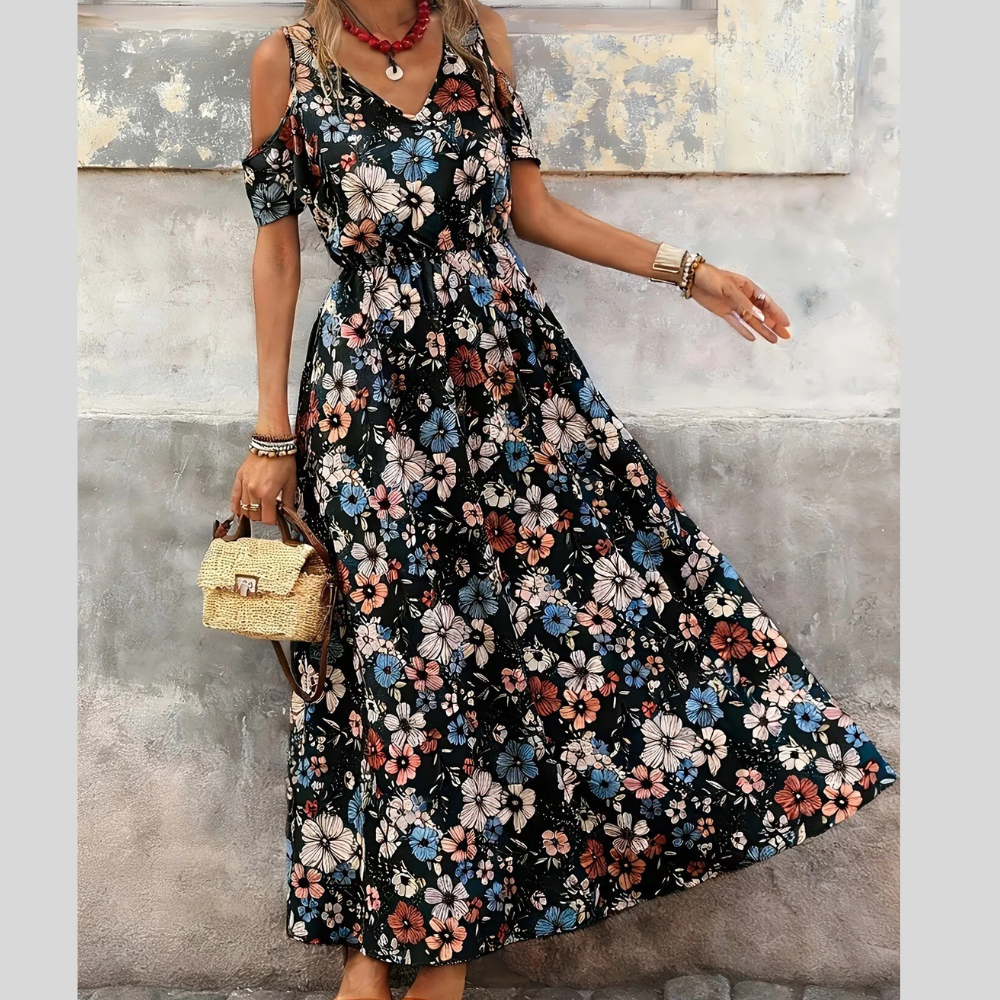 Cold Shoulder Floral Print Maxi Dress