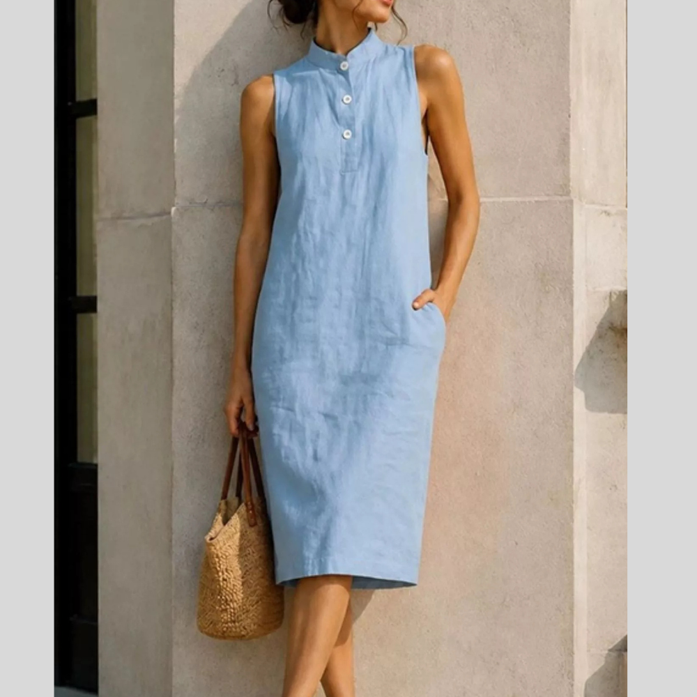 Button Detail Sleeveless Midi Dress