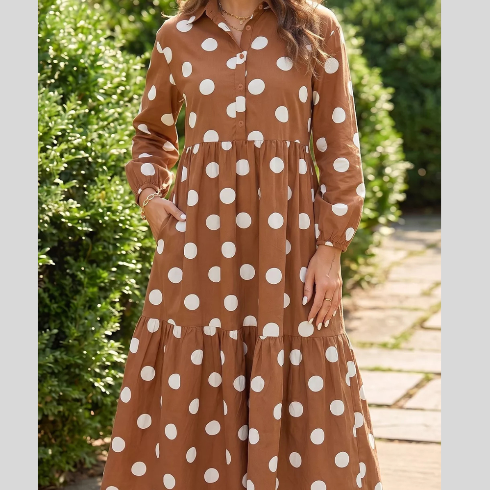 Polka Dot Button Front Long Sleeve Shift Dress