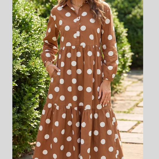 Polka Dot Button Front Long Sleeve Shift Dress