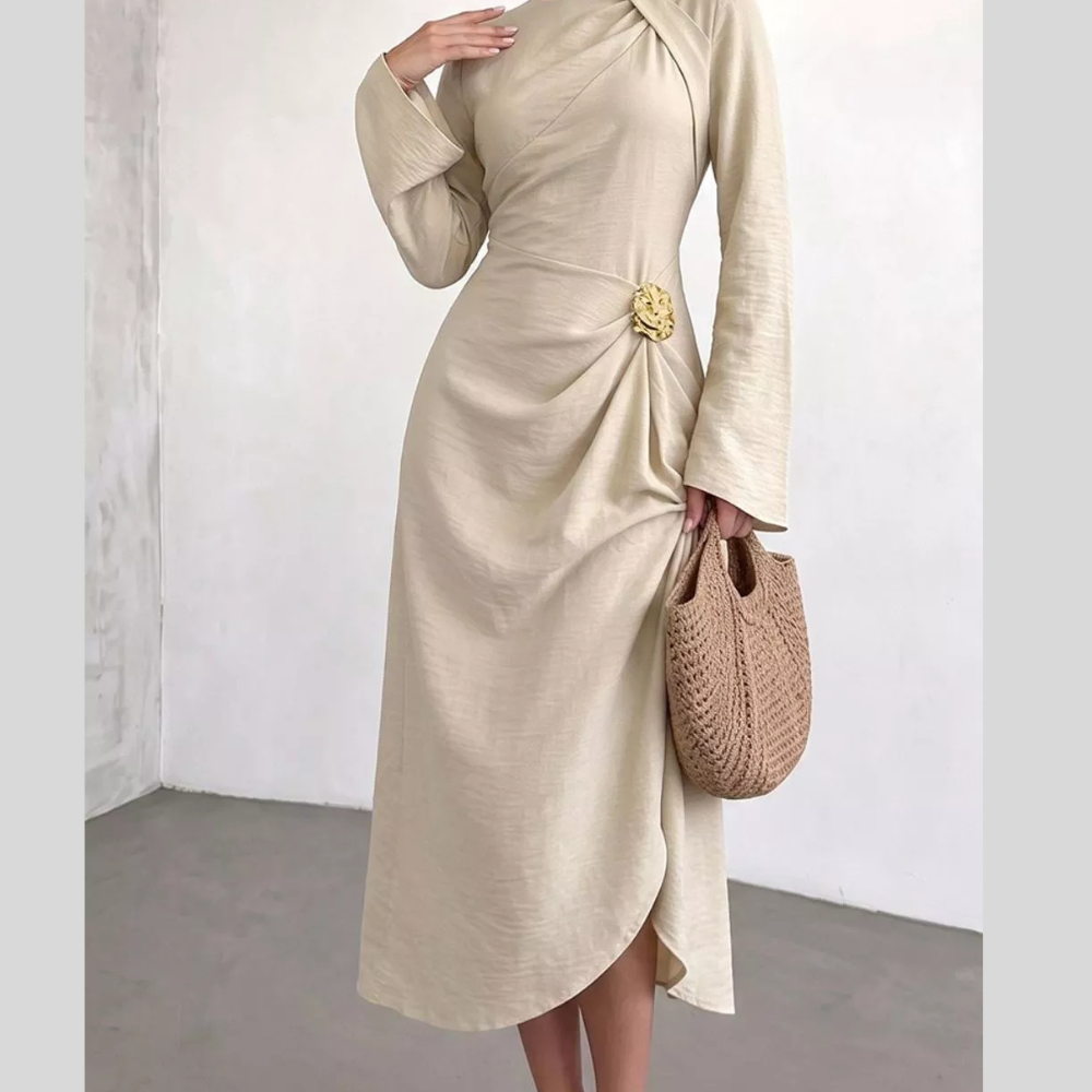 Ruched Long Sleeve Casual Midi Dress