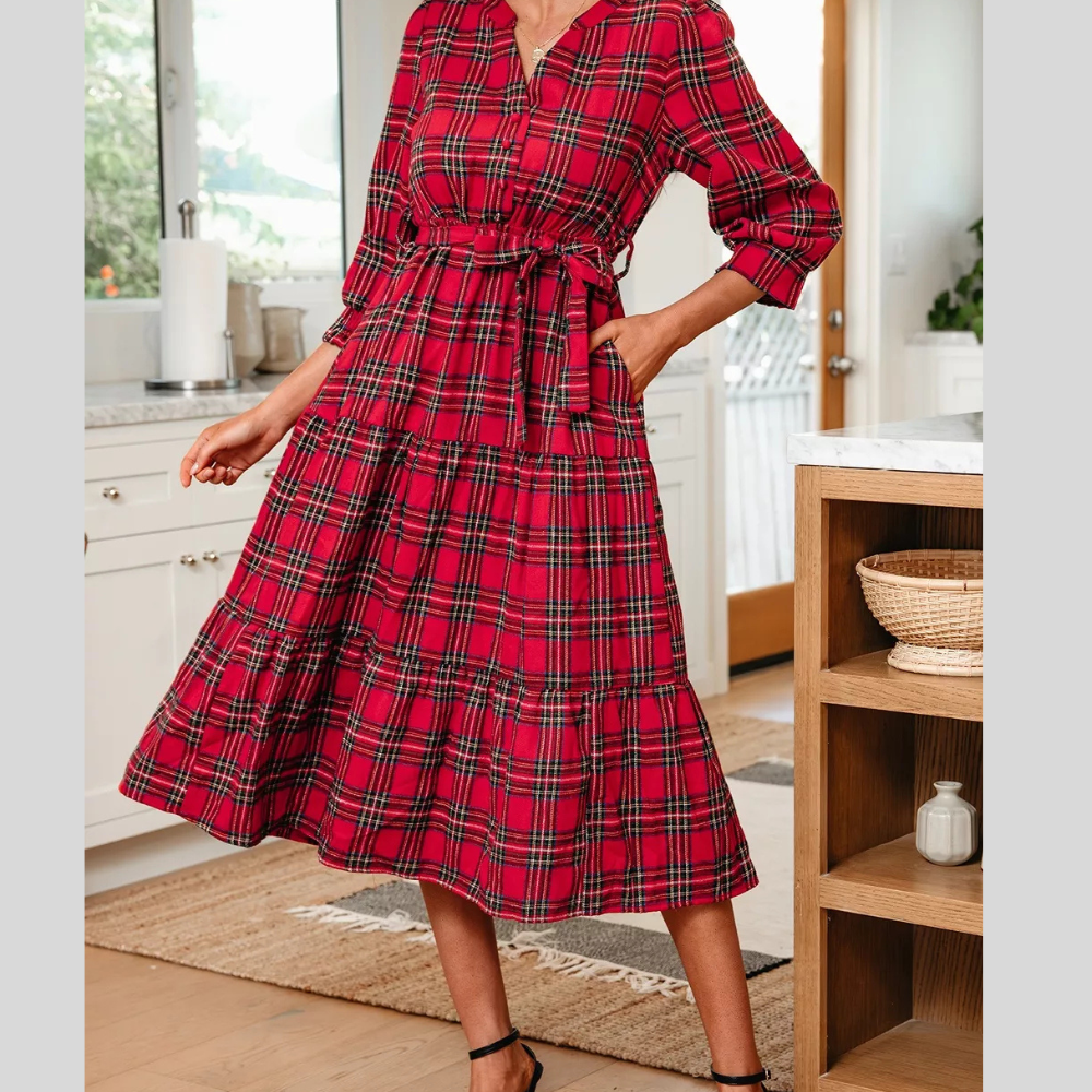 Christmas Plaid V Neck 3/4 Sleeve Tie Waist Ruffle Hem Midi Dress