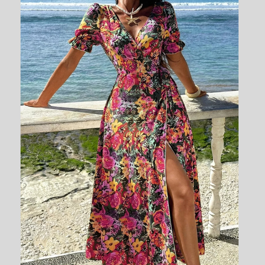 Slit Floral Short Sleeve Maxi Dress