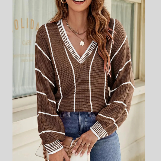 V-Neck Striped Contrast Sweater
