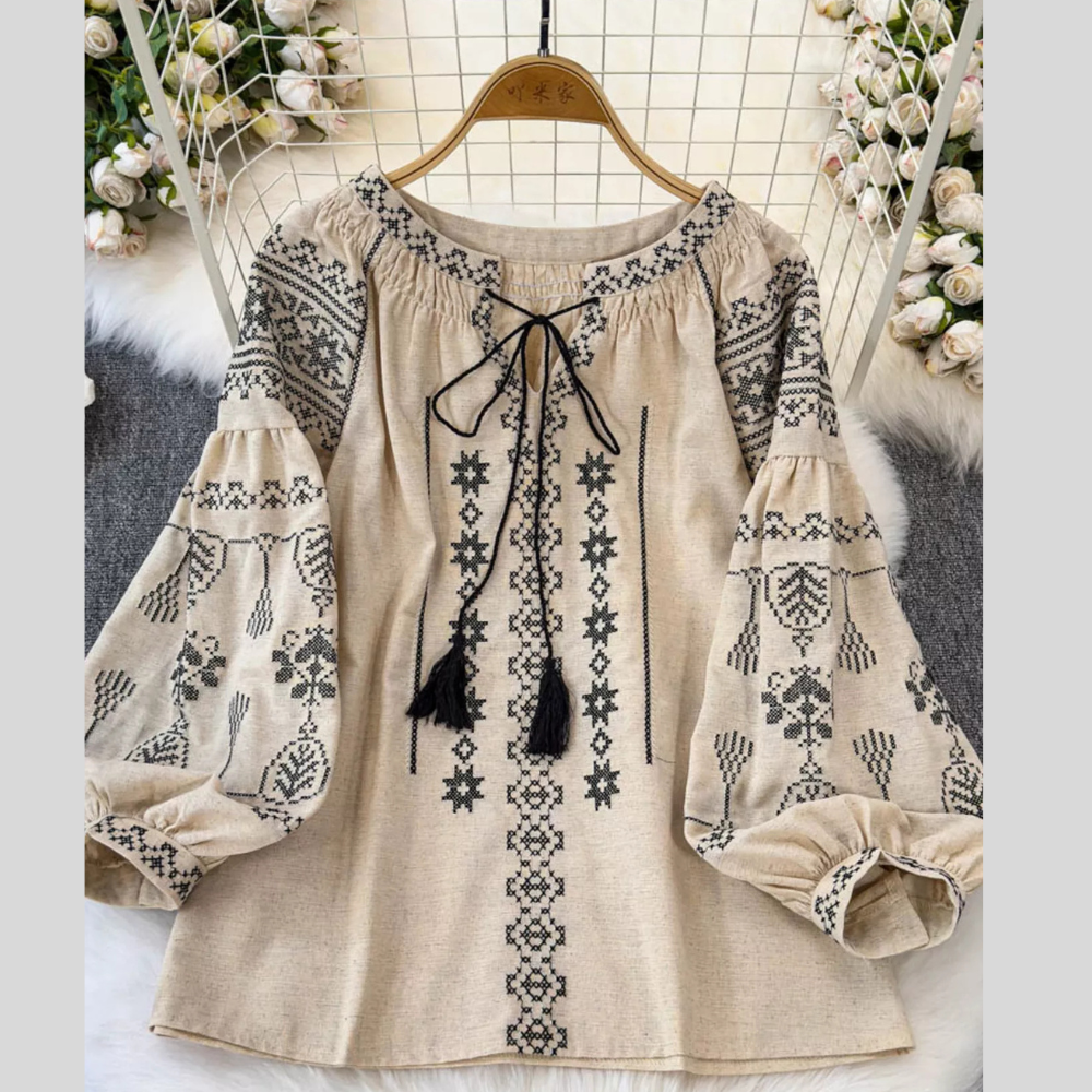 Bohemian Embroidered Blouse with Tassel Tie