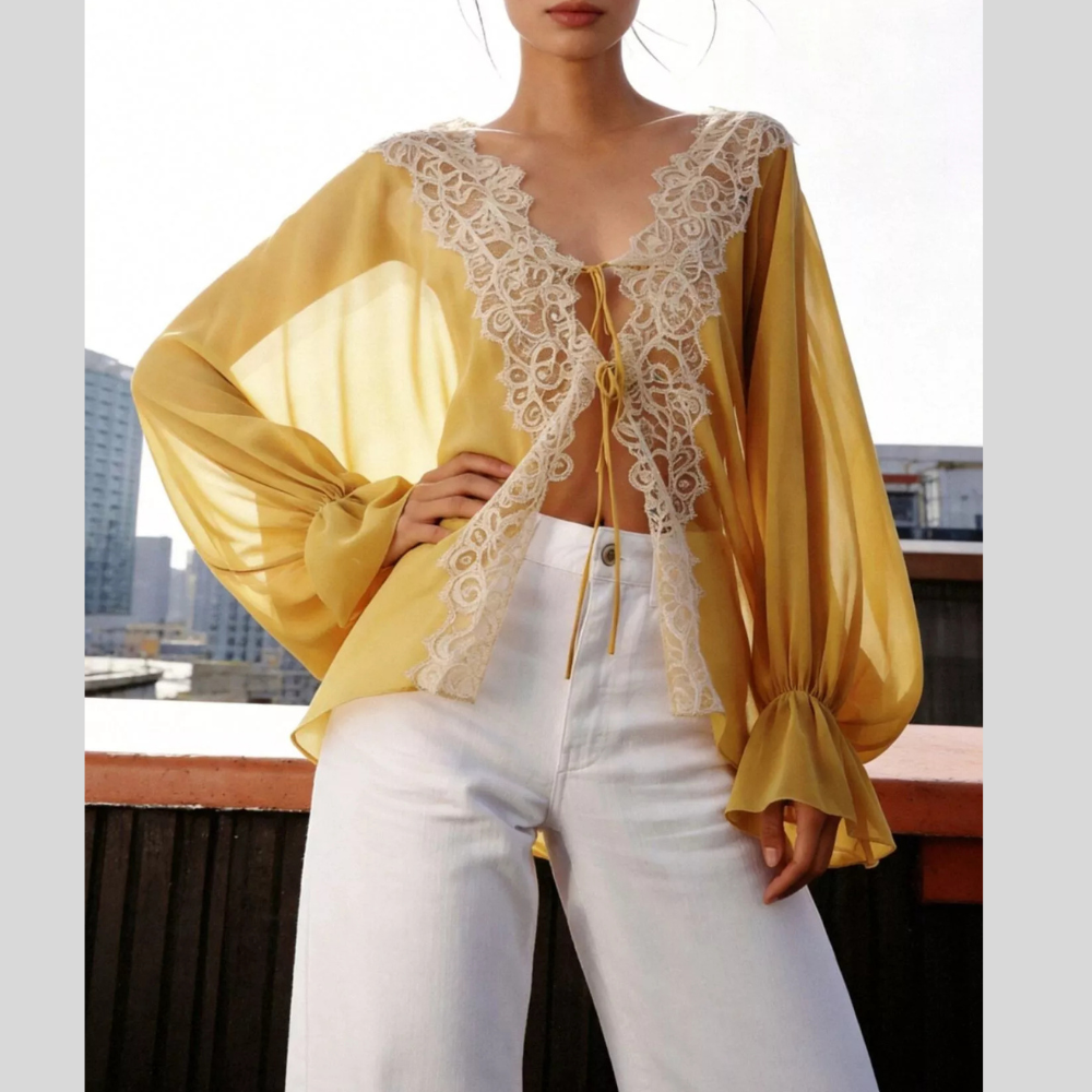 Sheer Lace-Trimmed Front Tie Blouse