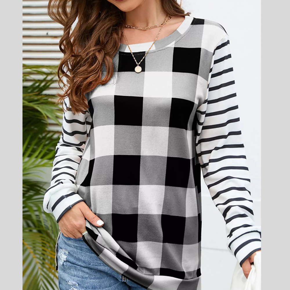 Plaid and Stripe Contrast Long Sleeve T-Shirt