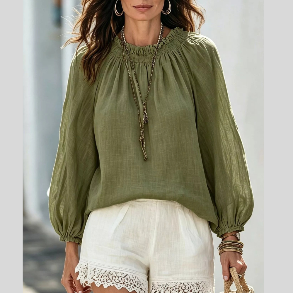 Round Neck Balloon Sleeve Blouse