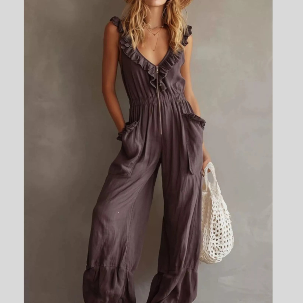 Ruffled V-Neck Wide Leg Jumpsuit