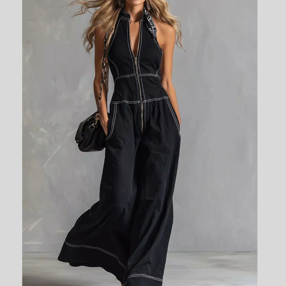 Zip Front Sleeveless Wide Leg Jumpsuit