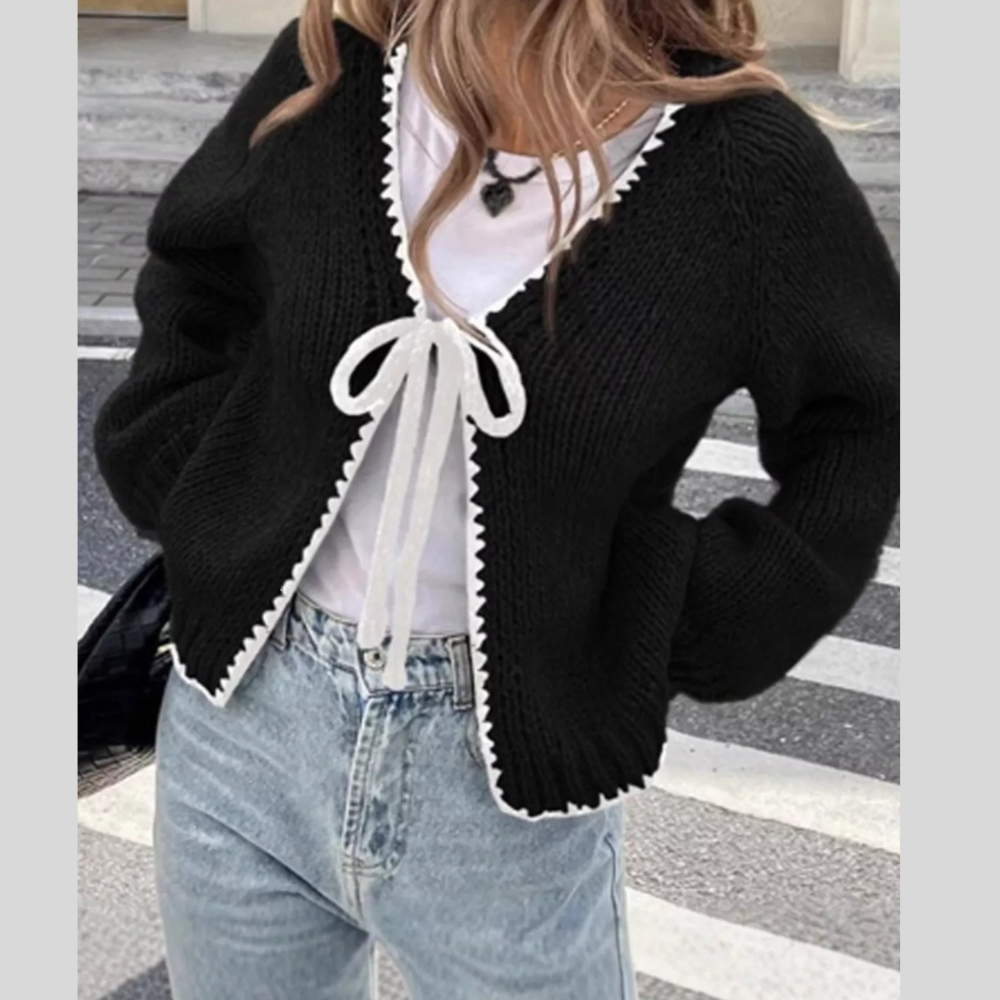 Full Size Chic Tie-Front Contrast-Trim Cardigan Plus Size