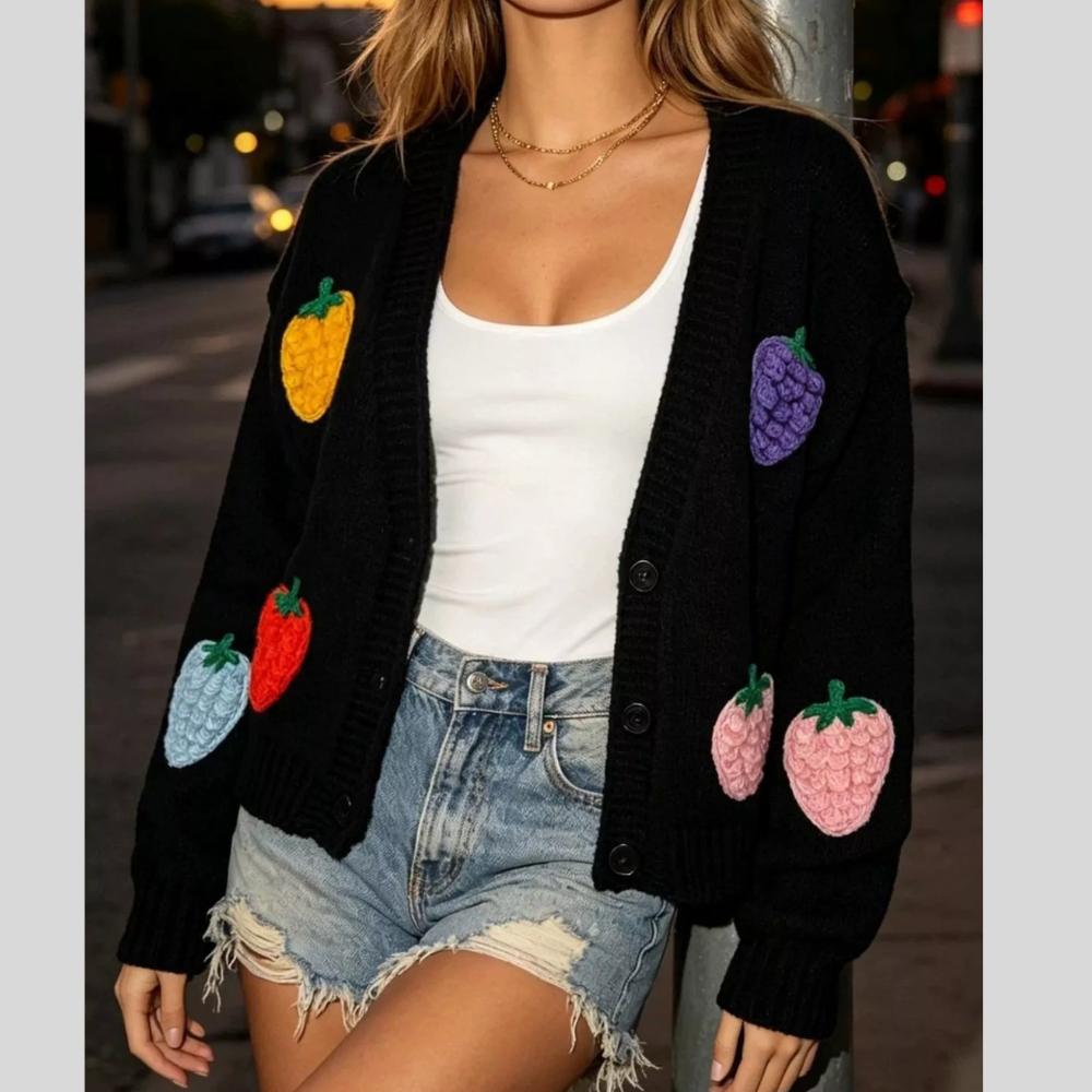 Full Size Fruit Applique Knit Cardigan Plus Size