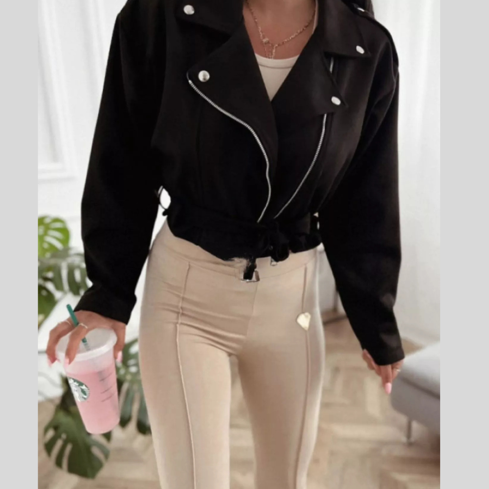 Cropped Biker Jacket with Belt Detail