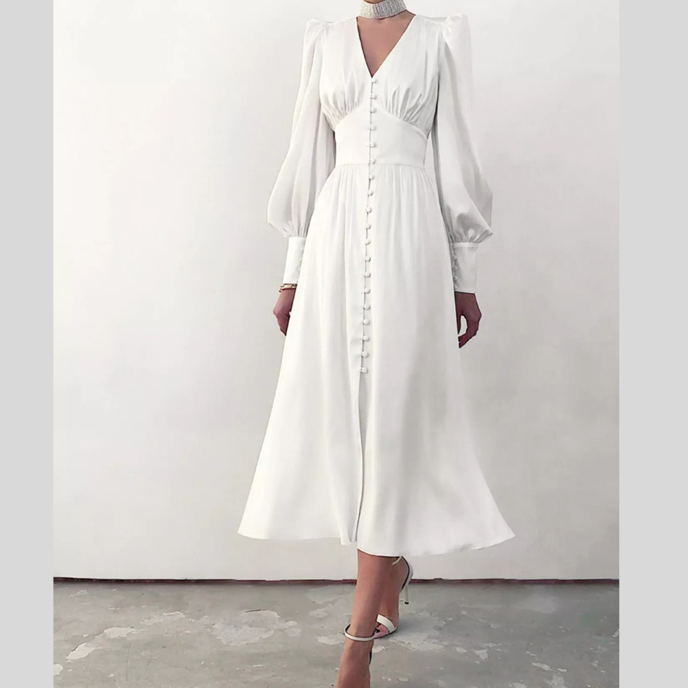 Elegant V-Neck Puff Sleeve Button-Down Midi Dress