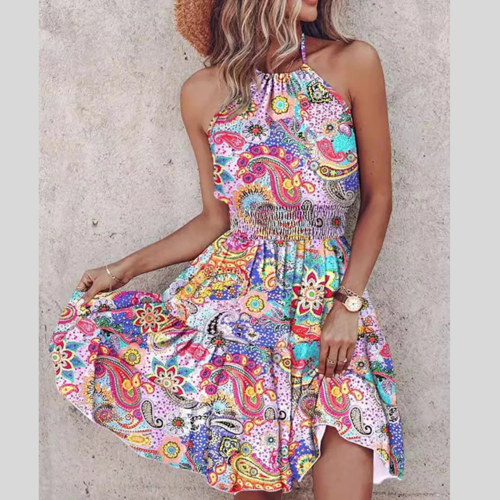Bohemian Printed Halter Mini Dress