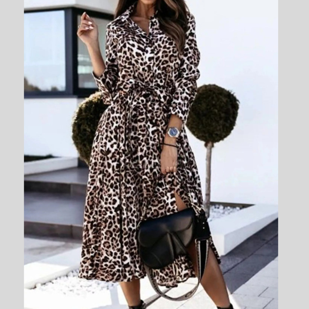 Leopard Print Button-Down Midi Dress with Belt
