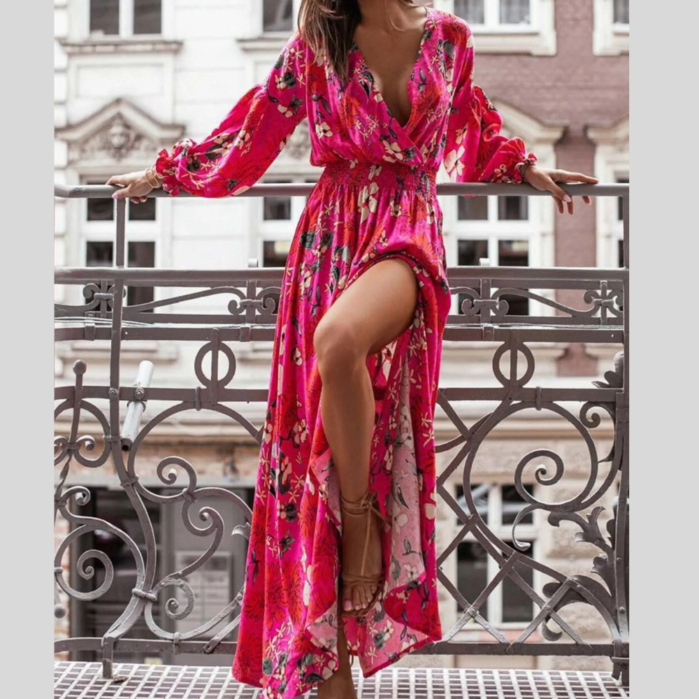 Bohemian Printed Maxi Dress with Plunging Neckline