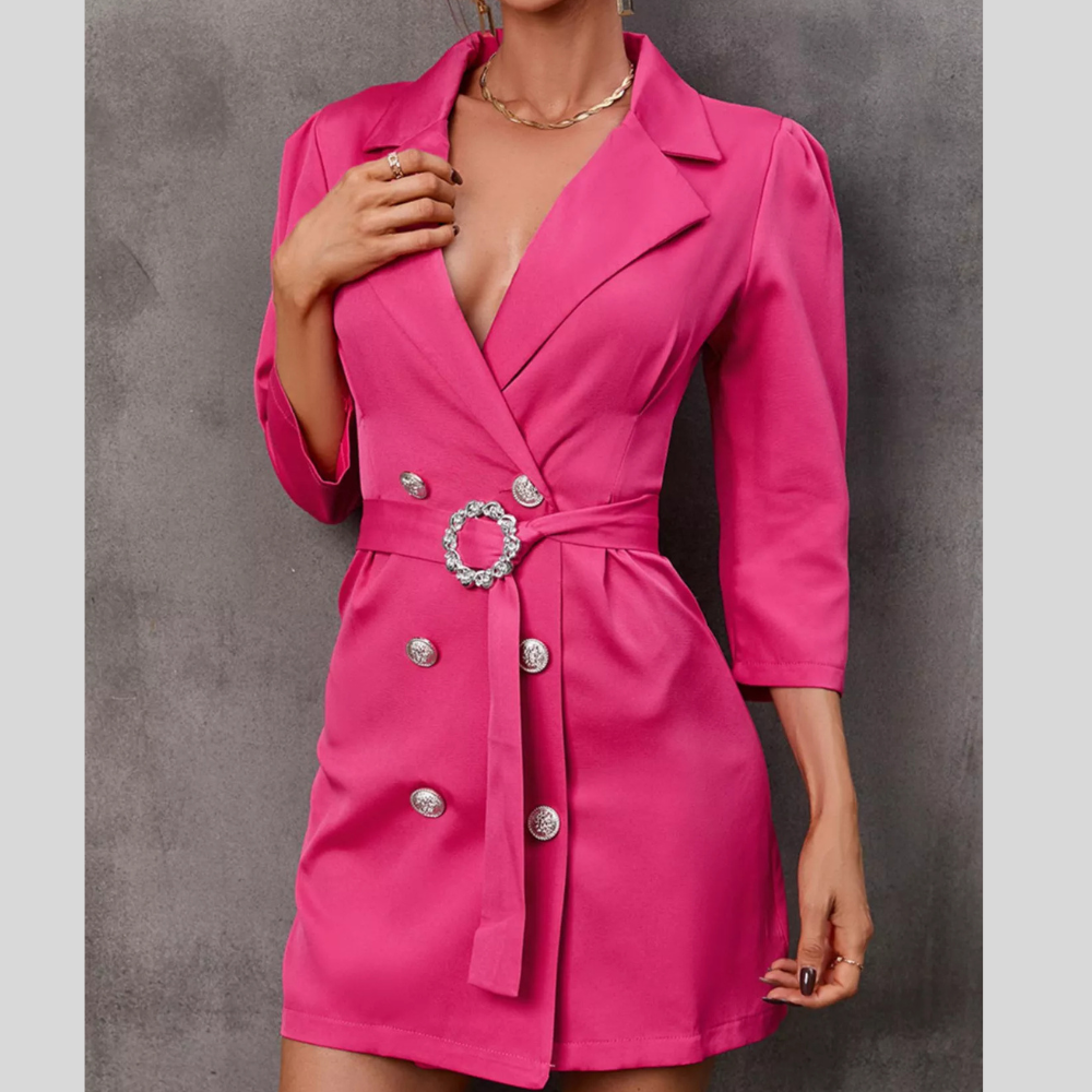 Double-Breasted Blazer Dress with Embellished Belt