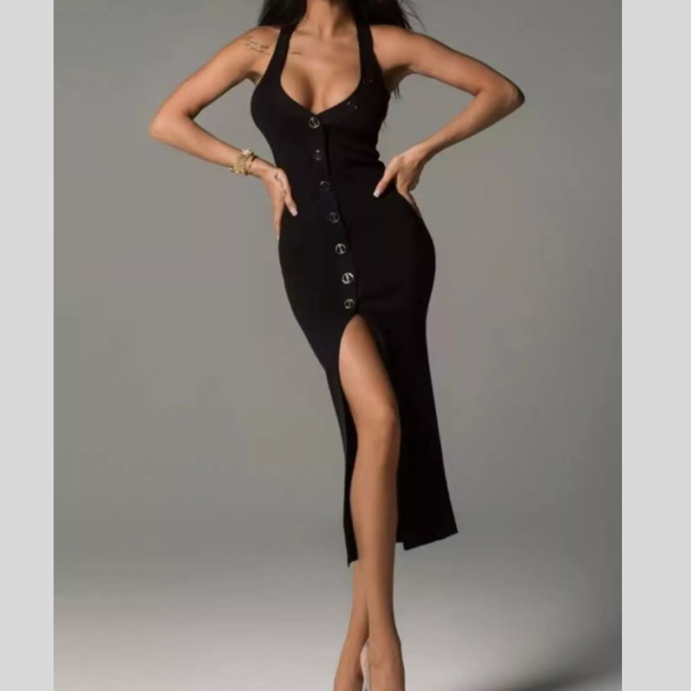 Sleek Button-Front Halter Neck Midi Dress