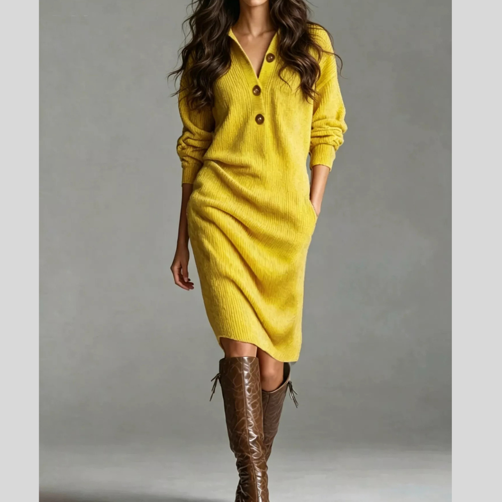 V-Neck Half-Button Ribbed Knit Dress