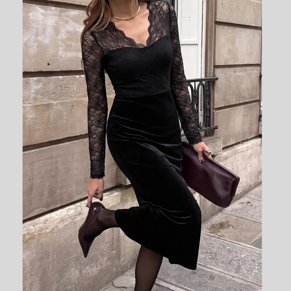 Elegant Lace and Velvet Midi Dress