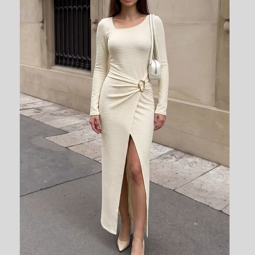 Elegant Long Sleeve Ruched Midi Dress