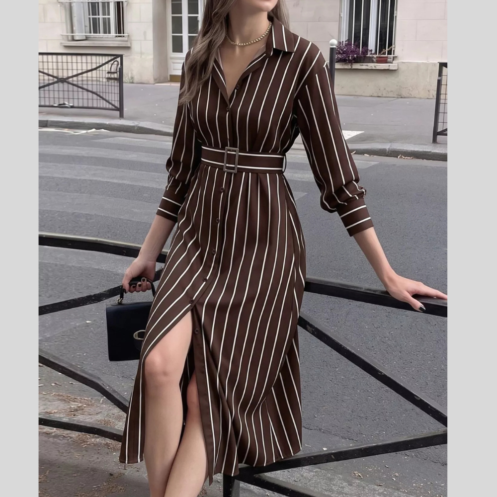 Striped Long Sleeve Belted Shirt Dress