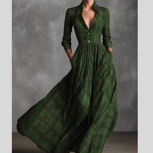 Plaid Lapel Maxi Dress with Pockets