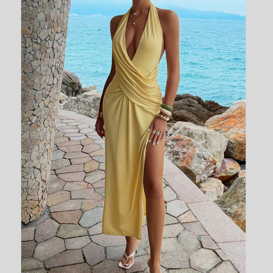 Ruched Split Halter Neck Maxi Dress