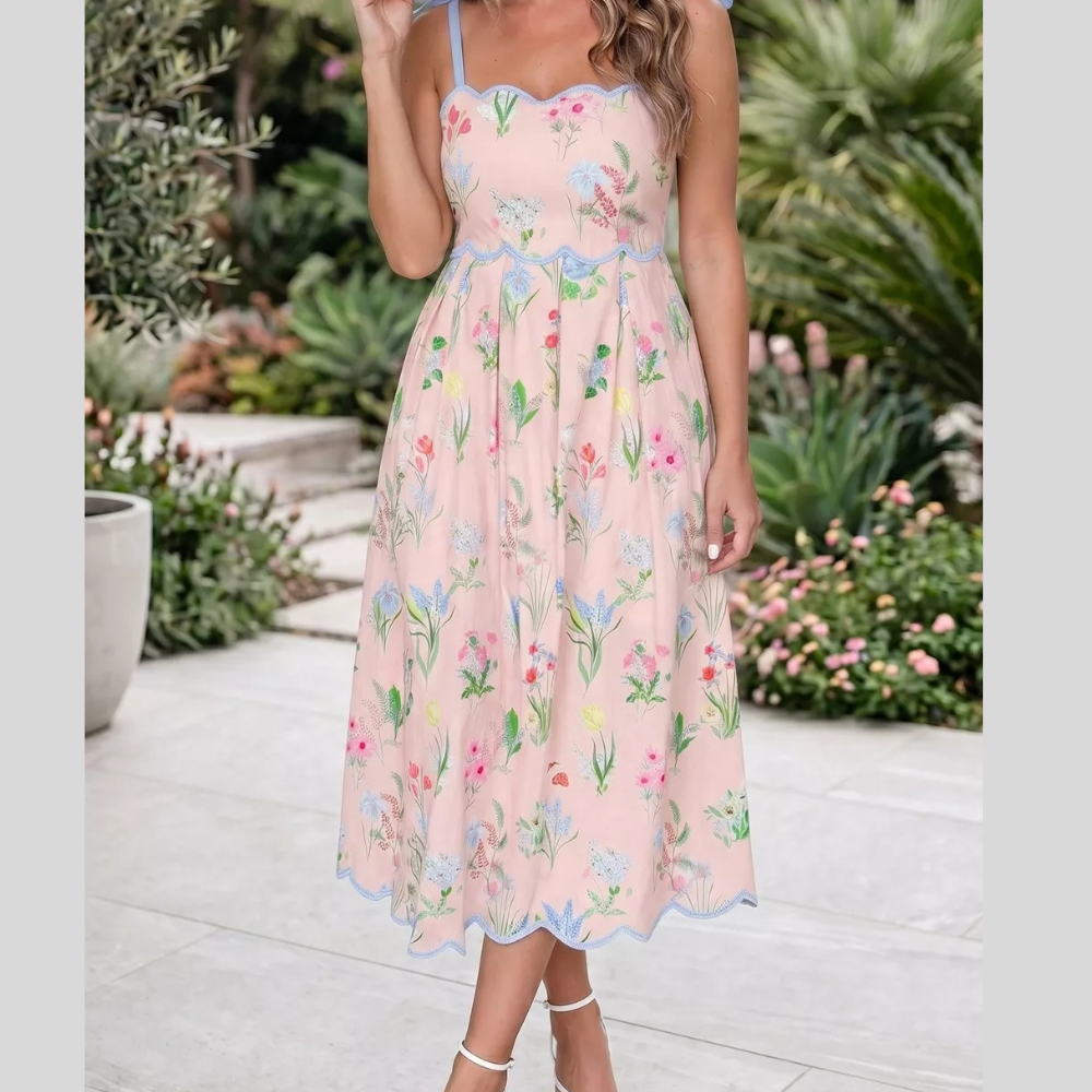 Floral Print Contrast Trim Self-tie Straps High Waist Midi Dress